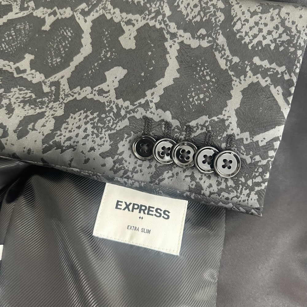 Express Blazer Jacket Black Slim Fit Snake Print Jacquard Peak Lapel Mens 42R - Picture 4 of 12